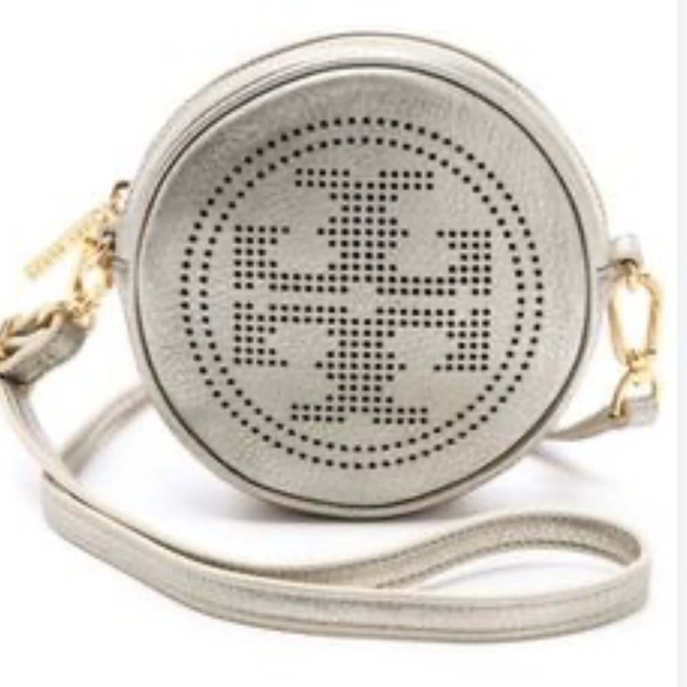 Tory Burch Silver Perforated Logo Round Crossbody Bag
